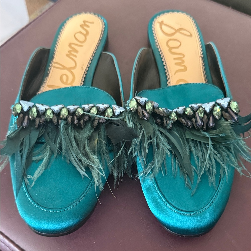 Sam Edelman Landis Flat Slip On Rhinestones Feathers Flats Teal loafers